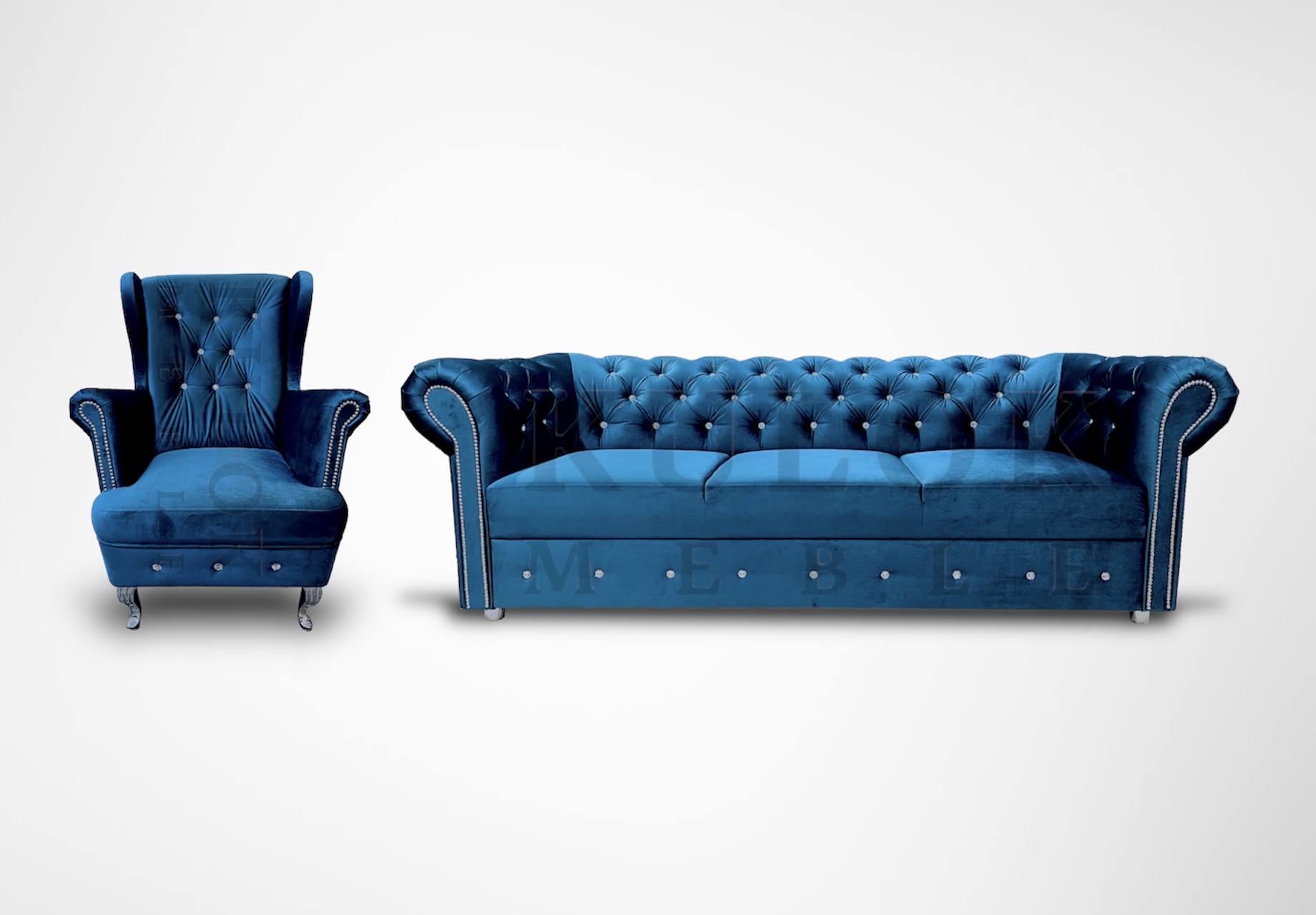 Zestaw Chesterfield z Sofą Chesterfield i Fotel Uszak tapicerowany z kryształkami i turkusowym Ikoo 12 tkanina welur